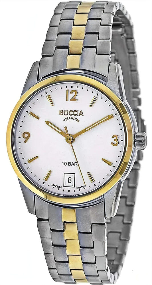 Boccia Damenuhr mit zweifarbigem Metallarmband und weißem Zifferblatt, Saphirglas
