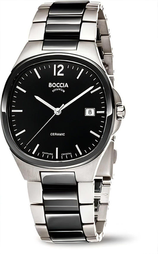 Boccia Herrenarmbanduhr mit schwarzem Zifferblatt und Edelstahlband