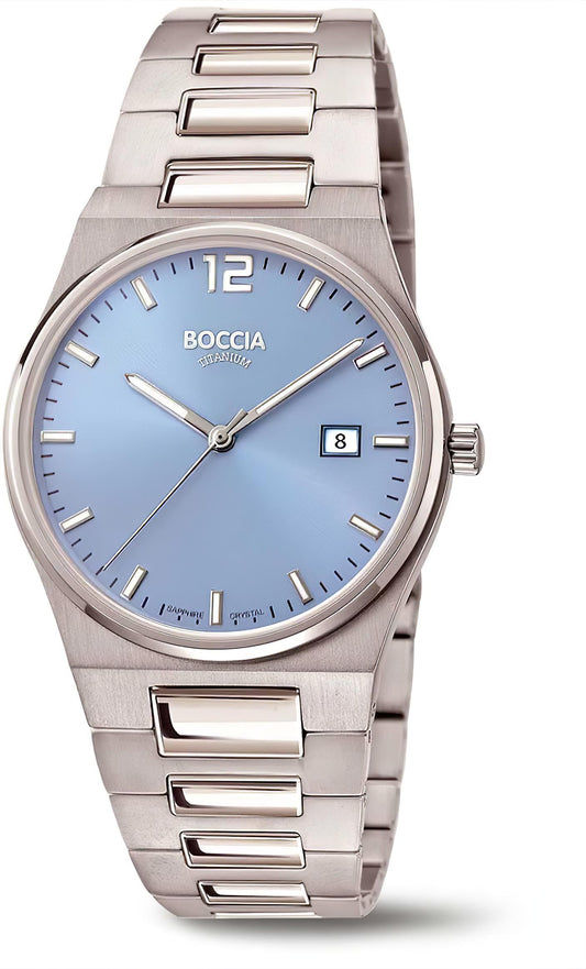 Boccia Herrenuhr mit silbernem Metallarmband und blauem Zifferblatt, Datumsfenster