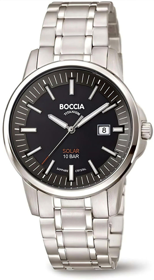 Boccia Herrenarmbanduhr: Edelstahlband, dunkles Zifferblatt, Datum bei 8, Solar
