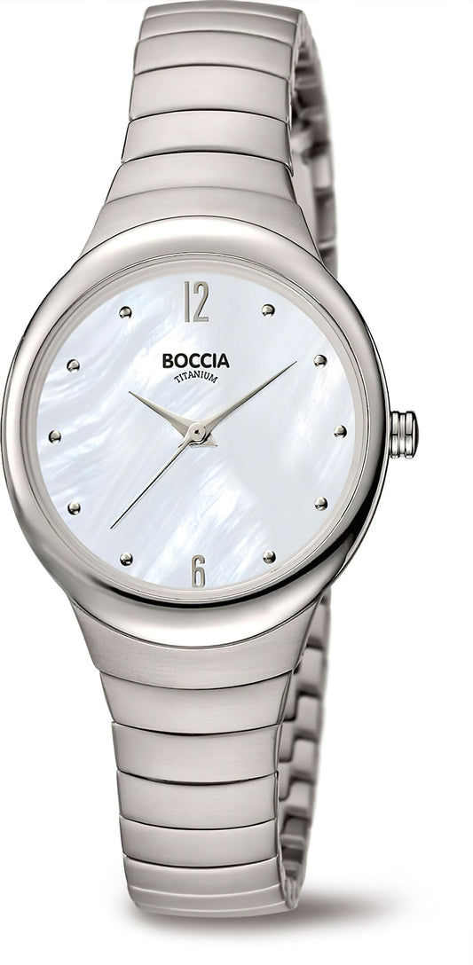Boccia Damenuhr mit silbernem Metallarmband und hellem Perlmutt-Zifferblatt