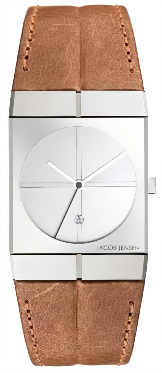 Jacob Jensen Icon 233 Herrenarmbanduhr mit braunem Lederband und weißem Zifferblatt