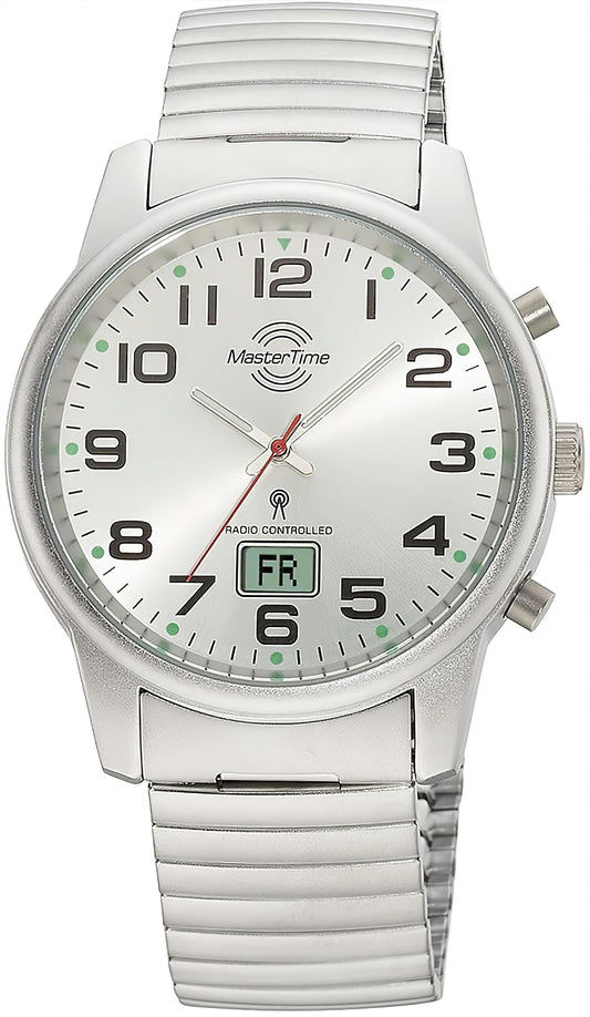 MasterTime Funk-Herrenuhr mit weißem Zifferblatt und silbernem Metallarmband, rundem Gehäuse