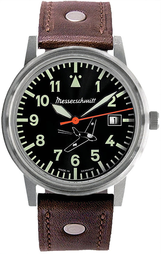Messerschmitt Komet Herrenuhr: schwarzes Zifferblatt, braunes Lederband, Datum