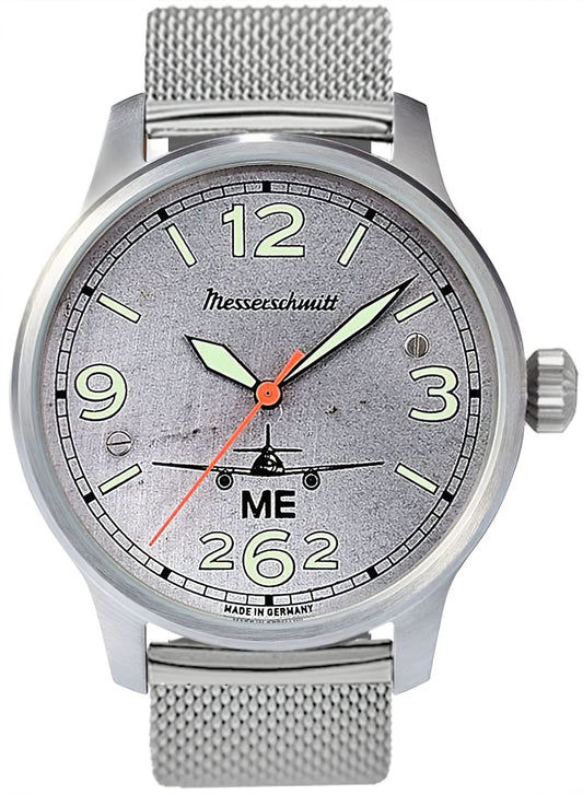 Messerschmitt ME 262 Herrenuhr mit silbernem Mesh-Armband, grauem Zifferblatt, grünen Akzenten, orangefarbenem Sekundenzeiger
