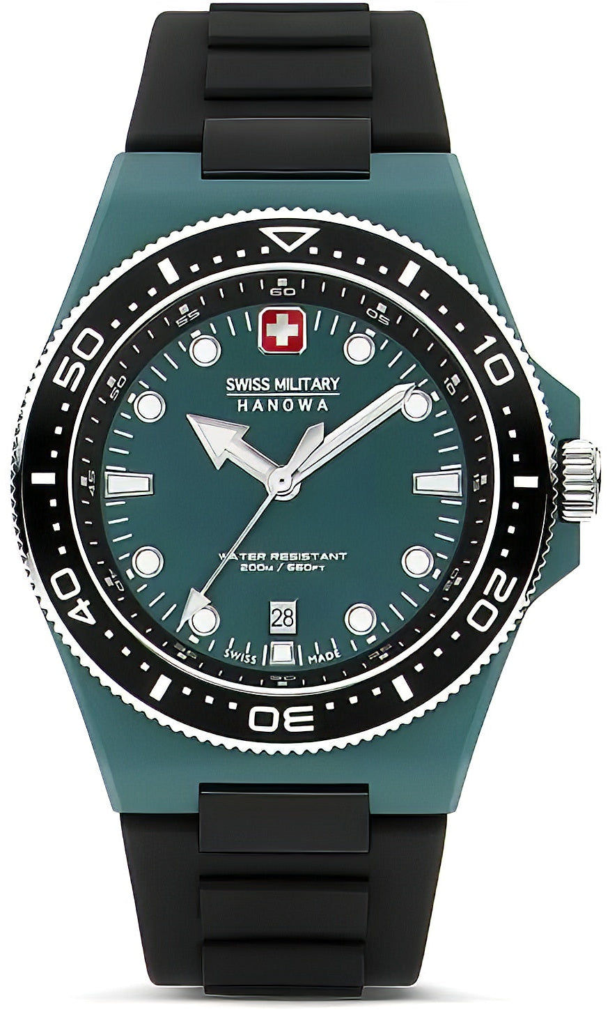Zegarek męski Swiss Military Hanowa Ocean Pioneer z czarnym kauczukowym paskiem i turkusową tarczą