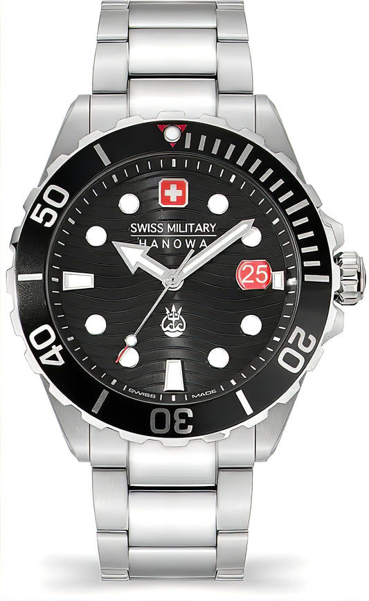 Herrenarmbanduhr mit silbernem Edelstahlband, schwarzem Zifferblatt und rotem Akzent