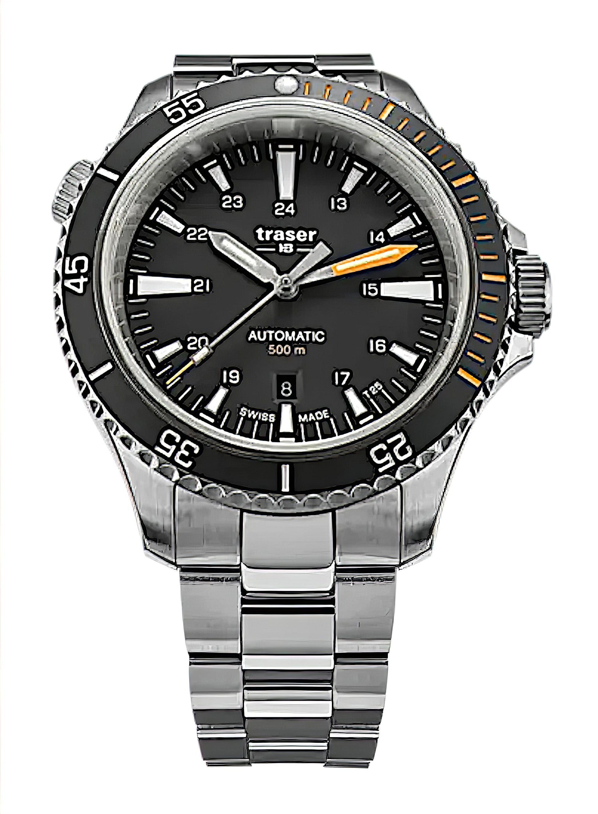 Traser P67 Diver Automatikuhr für Herren mit schwarzem Zifferblatt und Edelstahlarmband