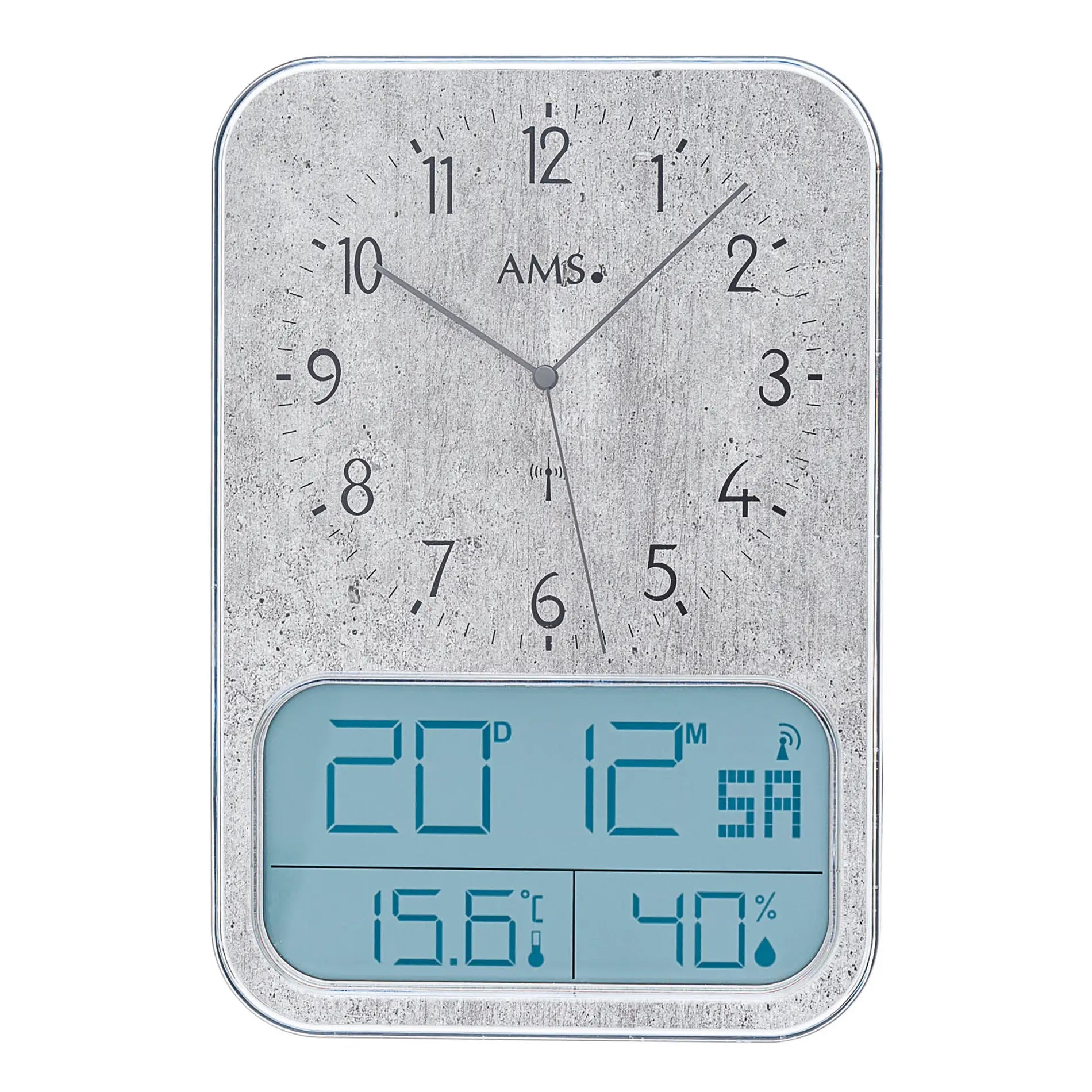 Wanduhr mit Analog-Zeigern und blauem Digitaldisplay für Zeit, Temperatur und Feuchte