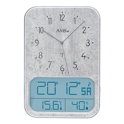 Wanduhr mit Analog-Zeigern und blauem Digitaldisplay für Zeit, Temperatur und Feuchte