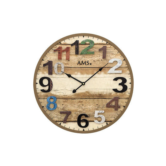 Reloj de pared de cuarzo AMS W9539, marrón antiguo • Gran caja de madera • Números superpuestos