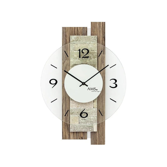 Reloj de pared de cuarzo AMS 9543, nogal • Cubierta de cristal mineral • Decoración de piedra natural