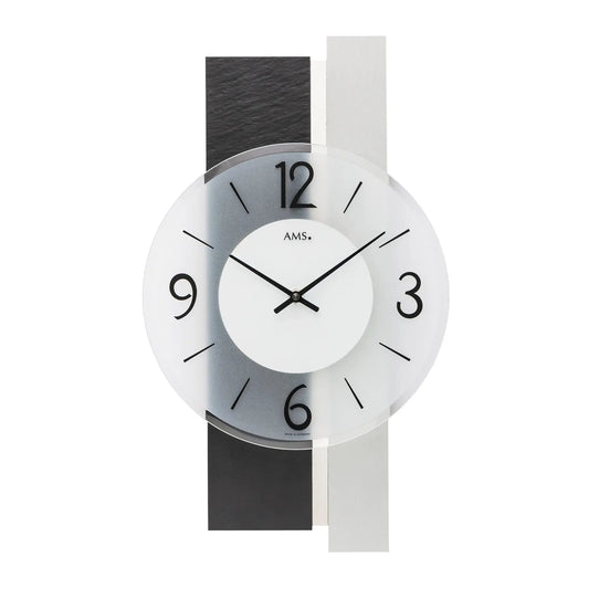 Reloj de pared AMS W9555 de pizarra/aluminio • Cristal mineral facetado • Carcasa de madera