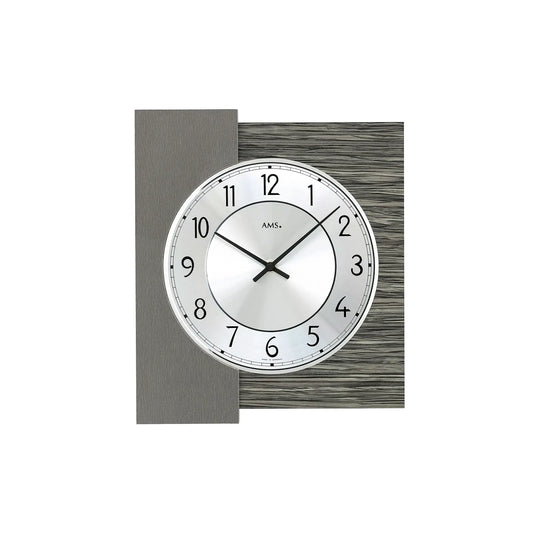 Reloj de pared AMS W9584 con acabado en madera/aluminio • Mecanismo de cuarzo • Esfera de aluminio