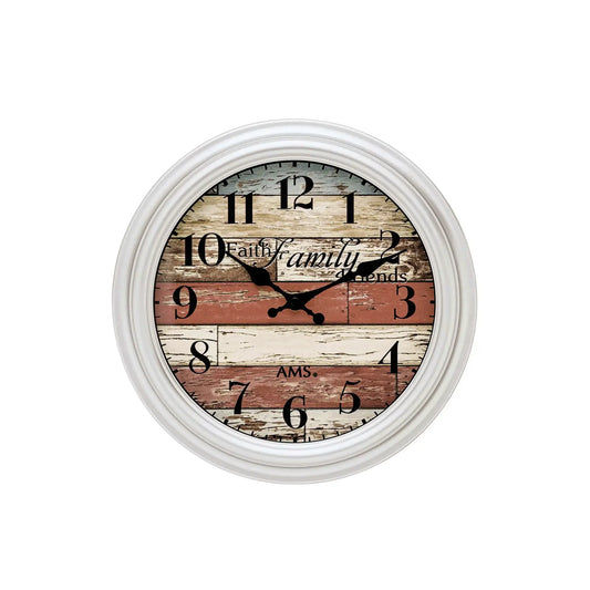 AMS Quarz-Wanduhr mit silbernem Kunststoffrahmen und rundem Ziffernblatt in Holzoptik