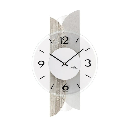Reloj de pared AMS W9668 con estructura de hormigón • Cristal mineral facetado • Caja de madera con aluminio