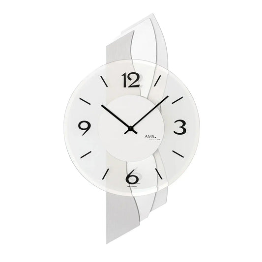 Reloj de pared de cuarzo AMS W9670, aluminio • Cristal mineral facetado • Carcasa de madera con revestimiento de aluminio