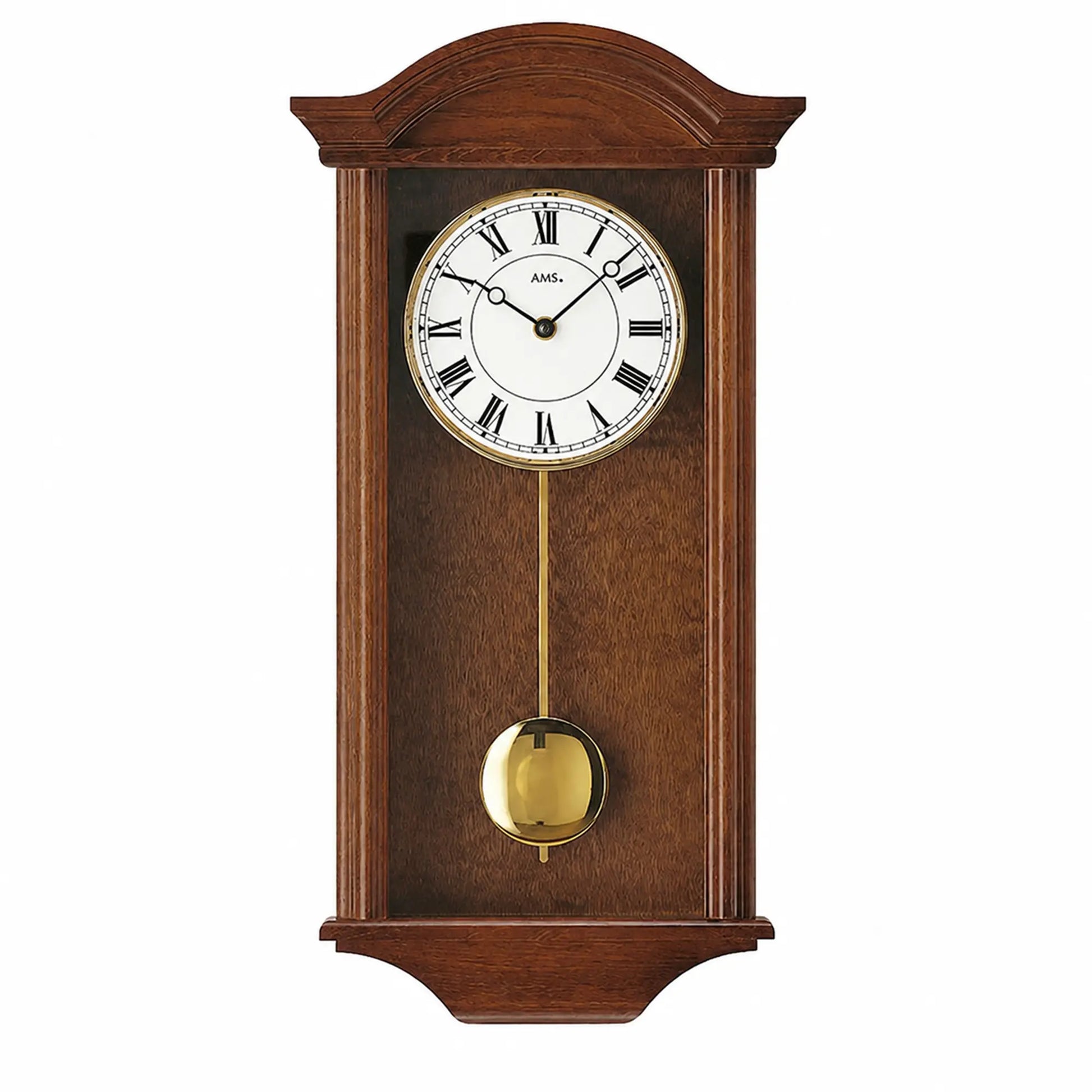 Wanduhr im Nussbaumgehäuse mit römischem Ziffernblatt und Pendel