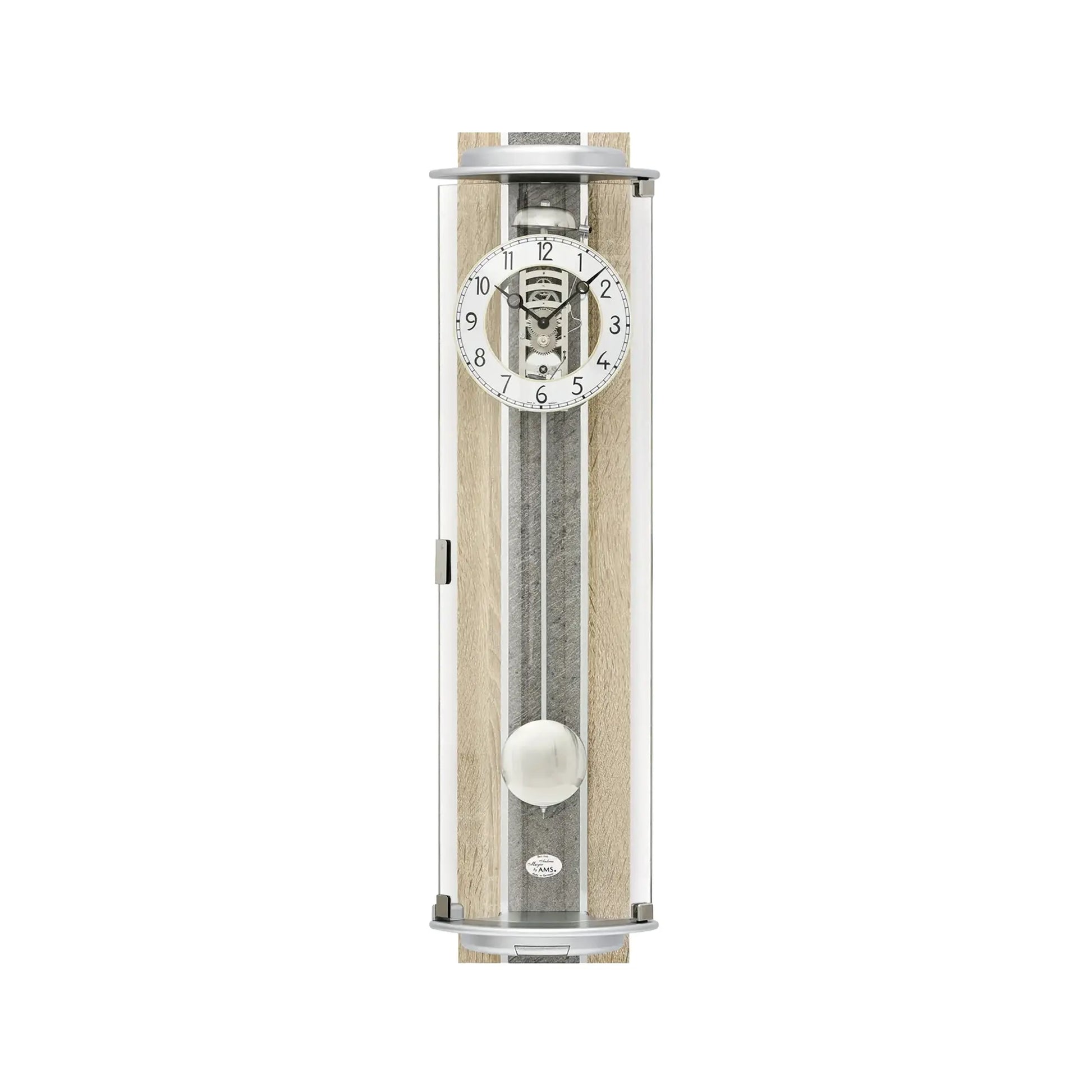 Wanduhr mit Glasrahmen, grauem Pendel und weißem Zifferblatt mit arabischen Zahlen