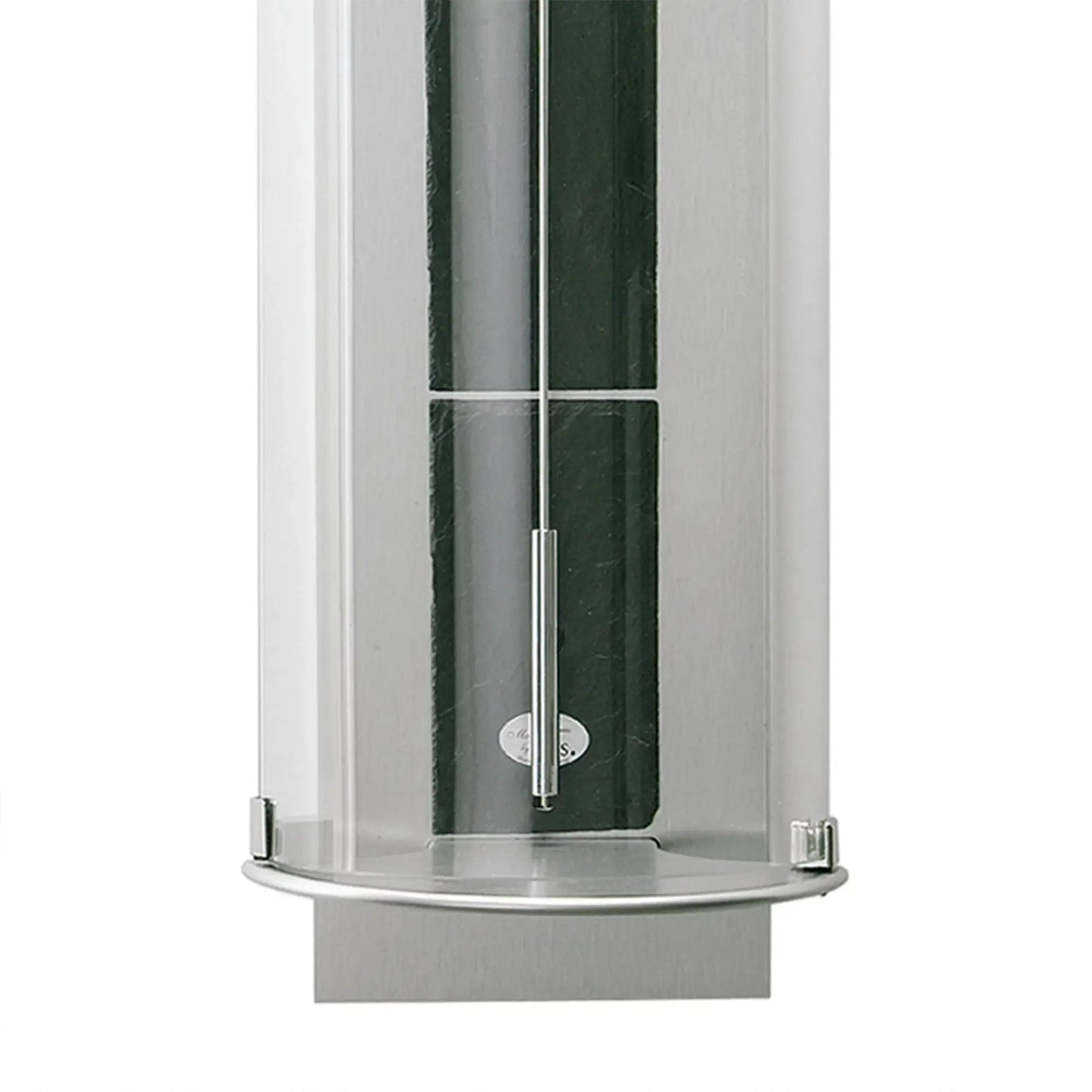 Väggklocka med transparent cylinderhölje, aluminiumram och synligt nedre urverk