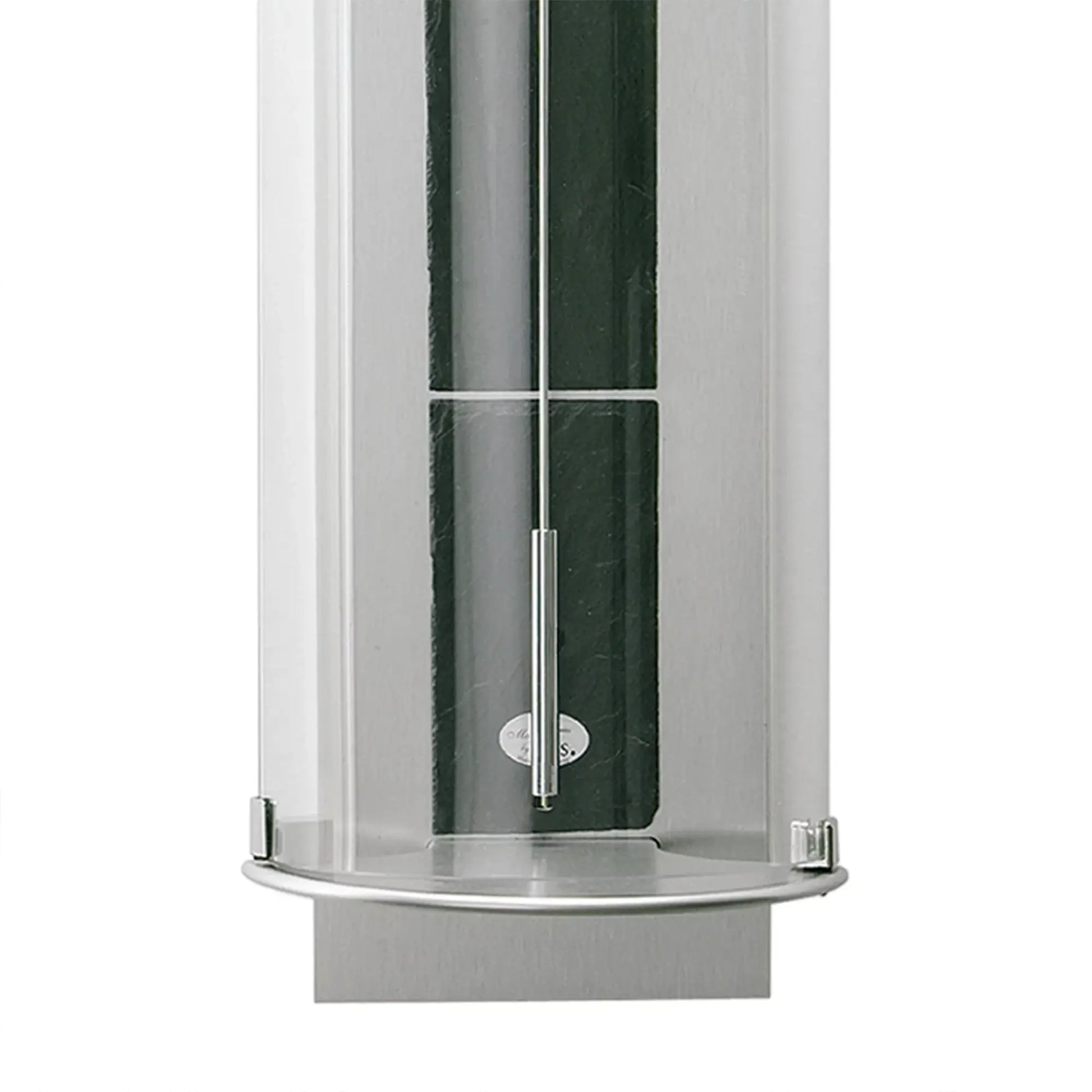 Väggklocka med transparent cylinderhölje, aluminiumram och synligt nedre urverk