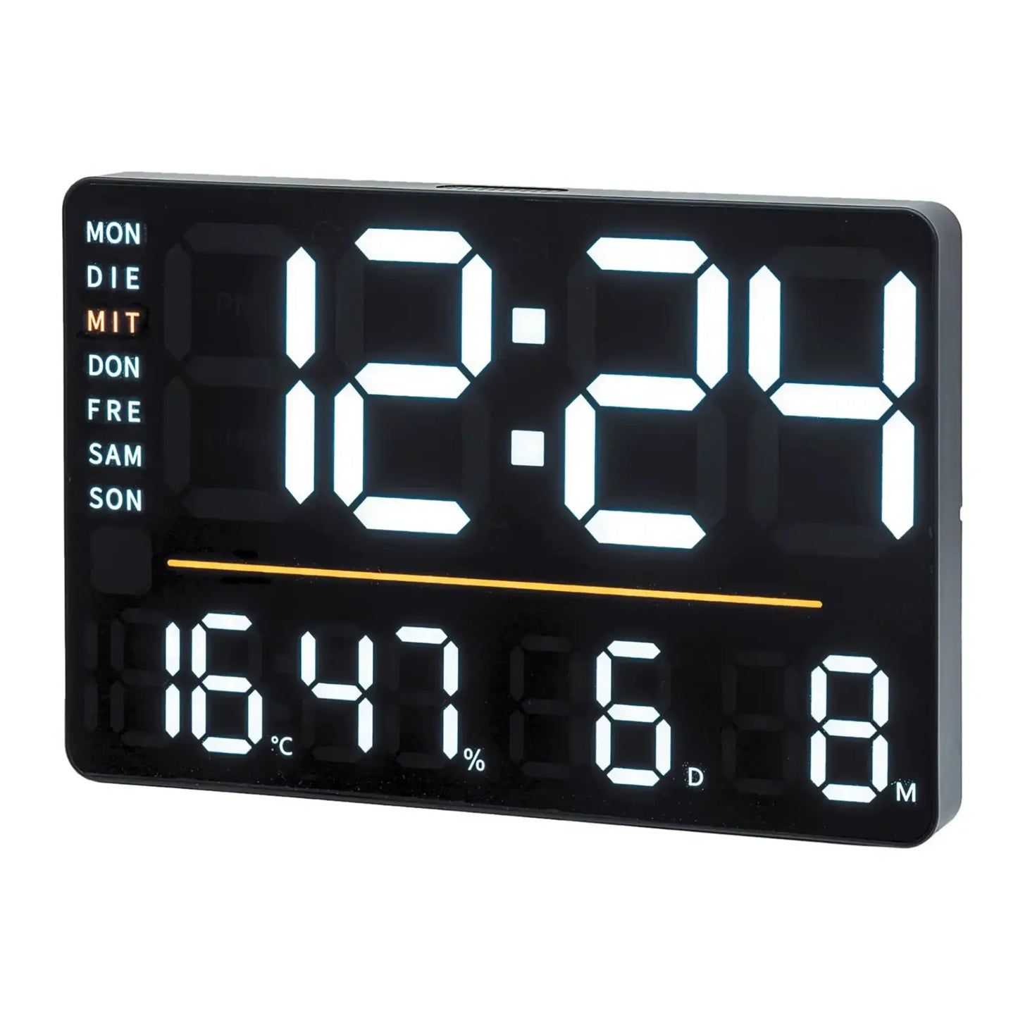 Digital klocka med LED-display, svart, visar tid samt temperatur- och luftfuktighetsvärden.