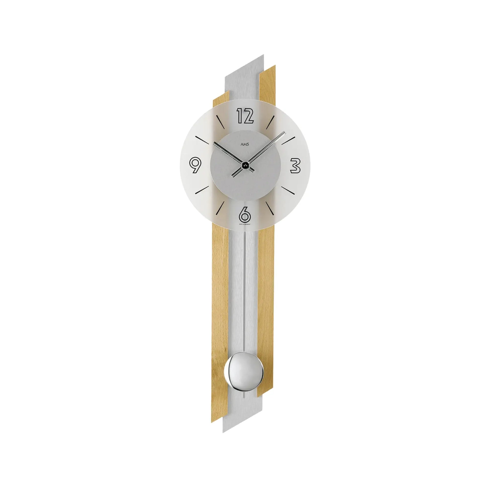 Pendel-Wanduhr mit weißem Ziffernblatt und rundem Pendel im Buchenholz-Design