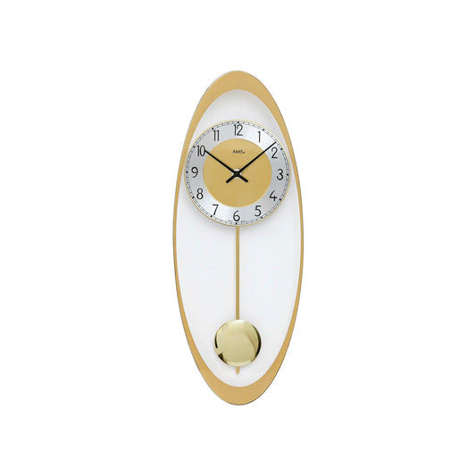 Reloj de pared AMS Bozen W7417 dorado • Mecanismo de péndulo de cuarzo • Placa de cristal ovalada