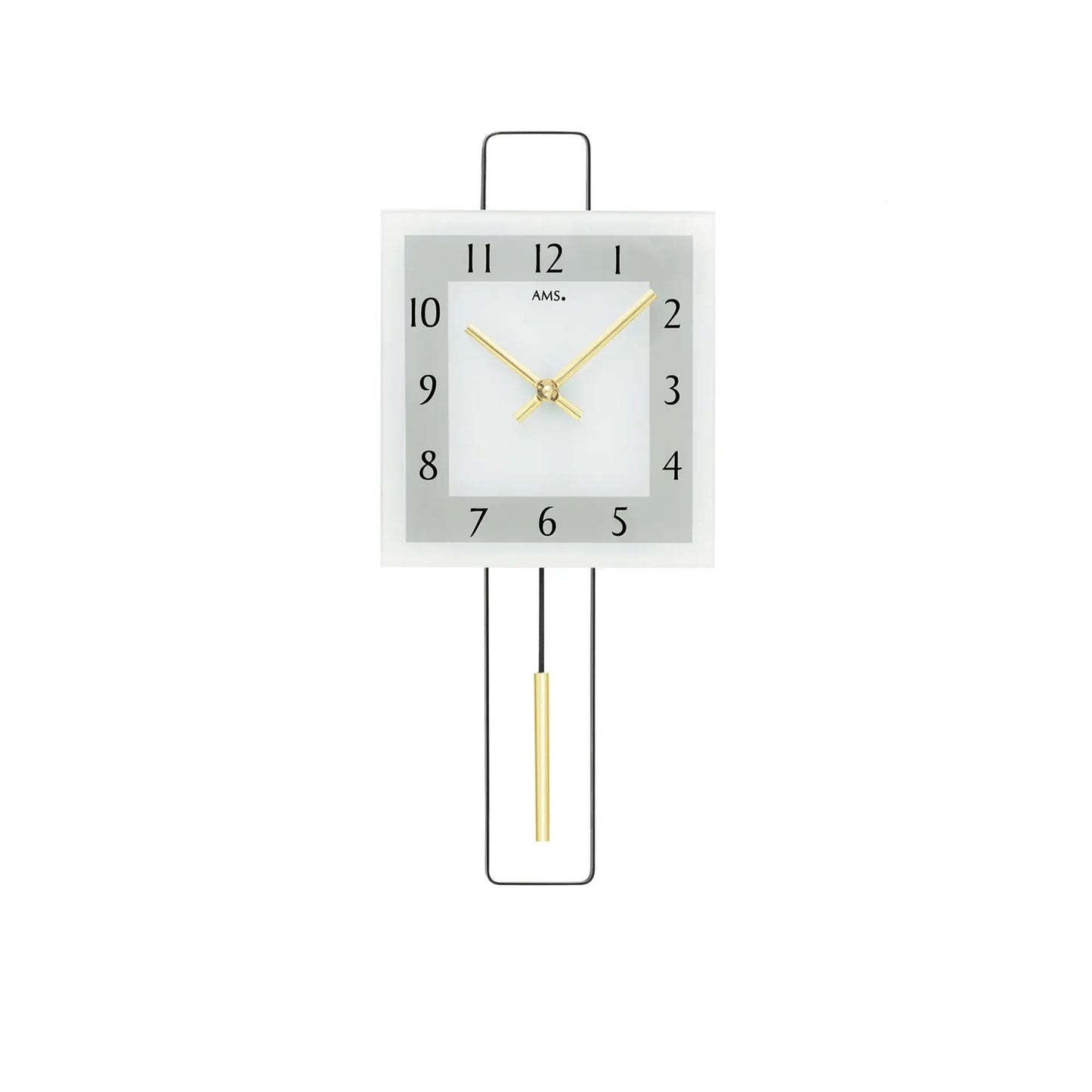 Wanduhr mit rechteckigem Glasrahmen, goldenen Zeigern und Metall-Pendel