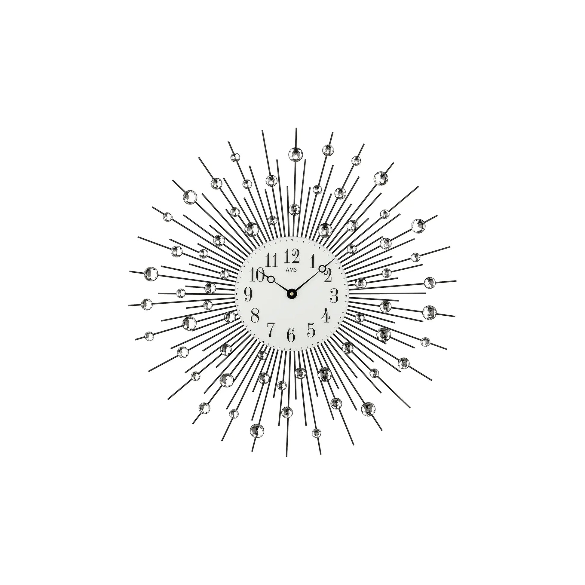 Wanduhr mit weißem Zifferblatt und silbernen Strahlen aus Metall