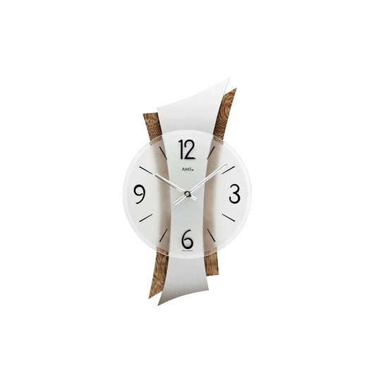 Reloj de pared de cuarzo AMS W9401 Plata/Marrón • Revestimiento de metal sobre estructura de madera • Fabricado en Alemania