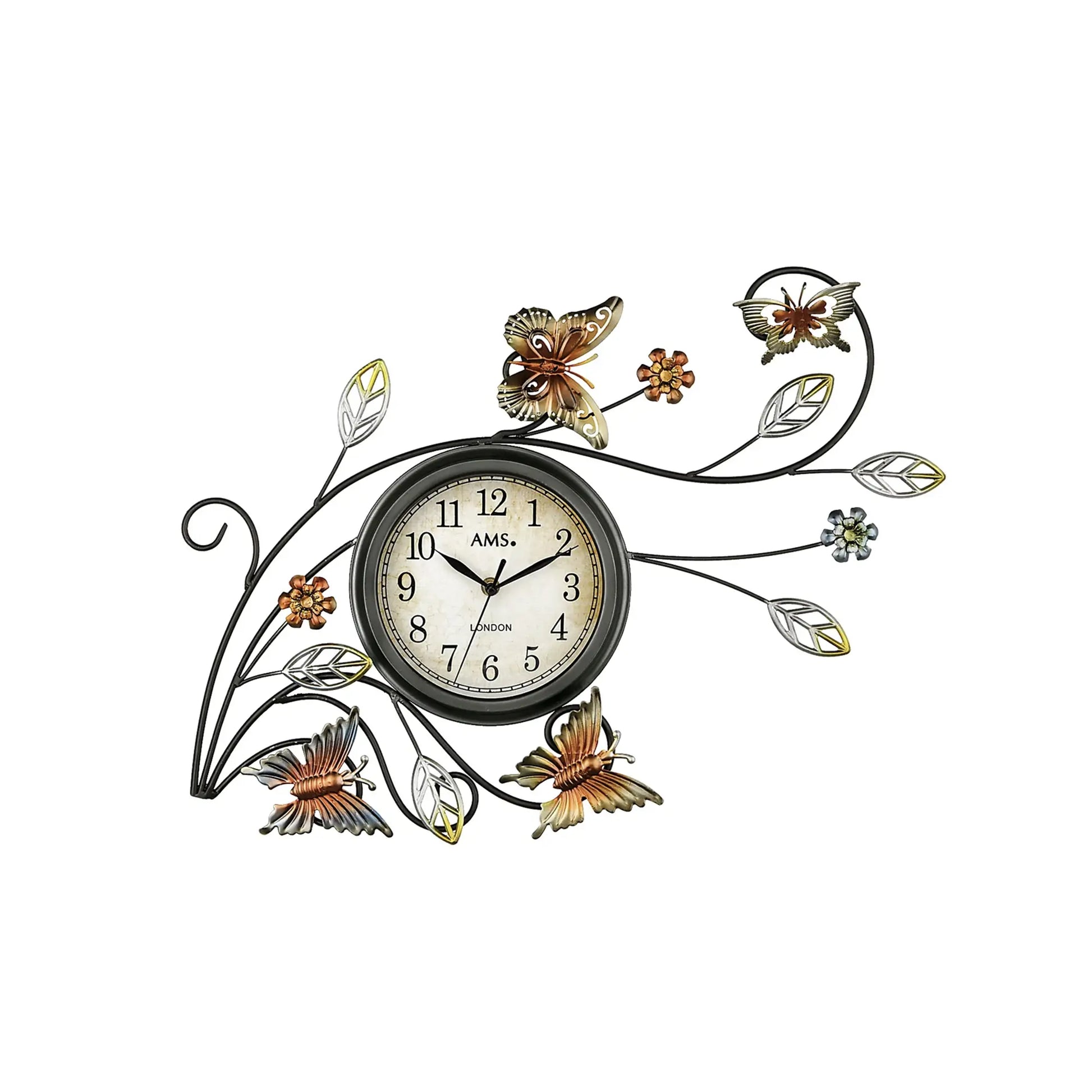 Runde Wanduhr mit schwarzem Metallrahmen und farbigen Metallblüten, AMS, Wanddeko