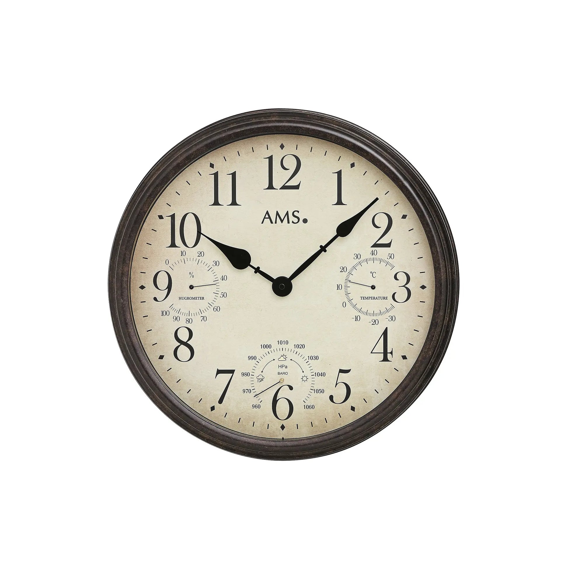 AMS Wanduhr: braunes Metallgehäuse, beiges Zifferblatt mit Temperatur-Feuchte-Druck-Anzeigen