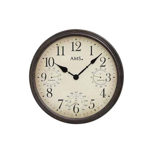 Reloj de pared AMS W9463 Braun • Indicador de temperatura, humedad y presión atmosférica • Carcasa de metal con cristal mineral