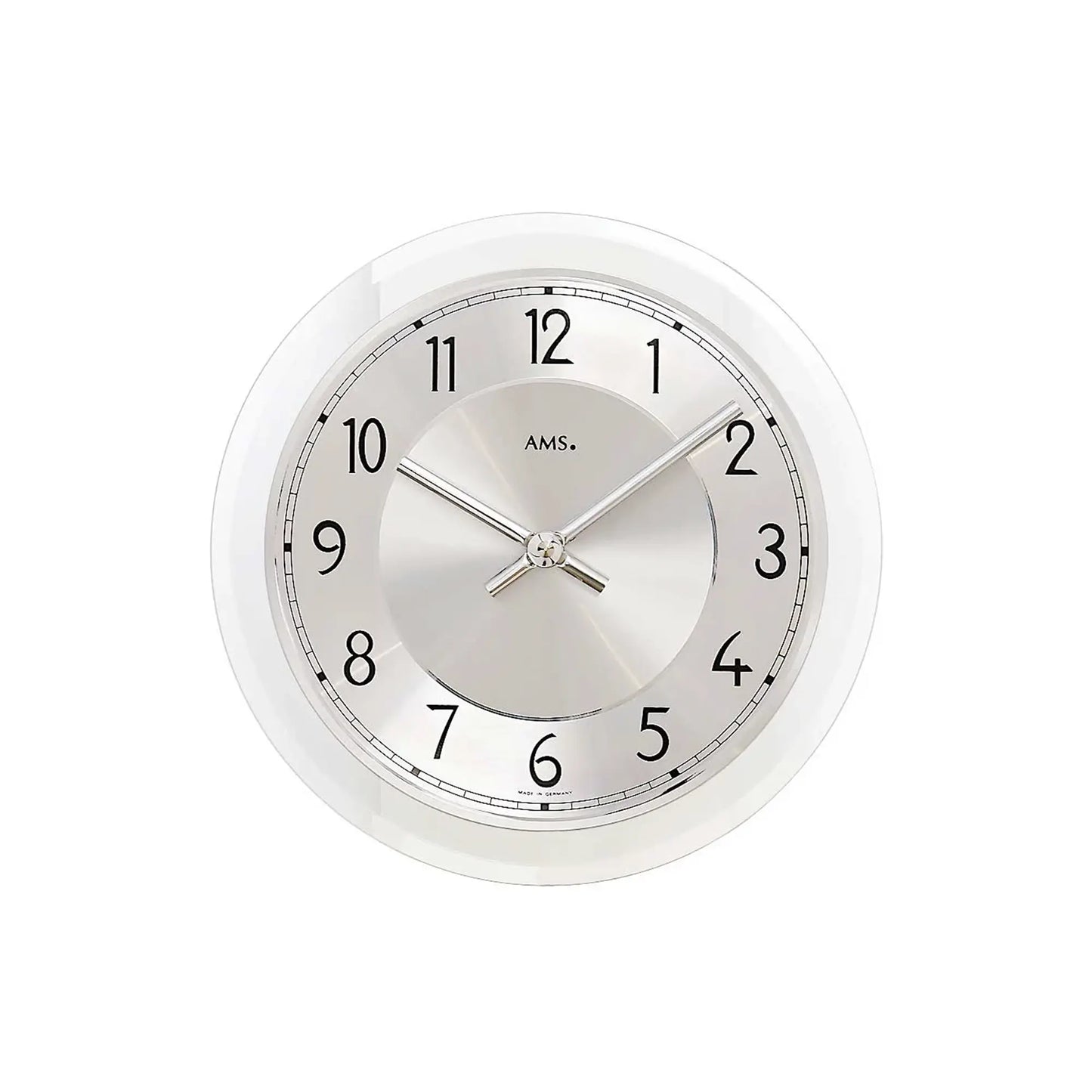 Wanduhr mit silbernem Gehäuse und facettiertem Mineralglas, Aluminium-Zifferblatt