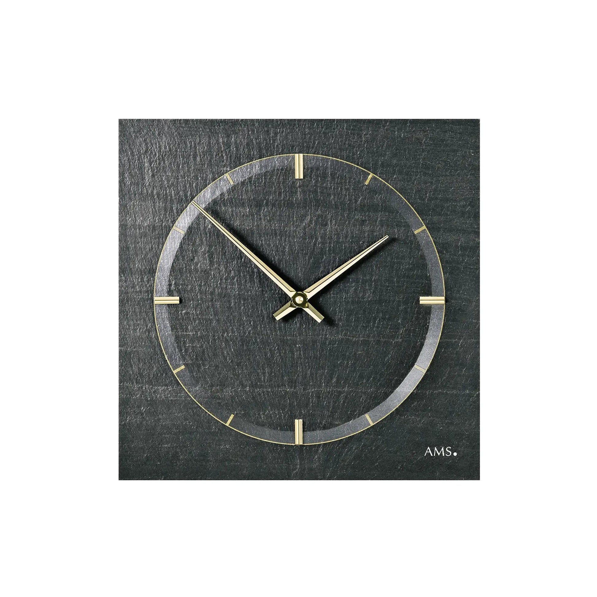 Runde Wanduhr aus Naturschiefer mit goldenen Zeigern und Indexen, AMS.