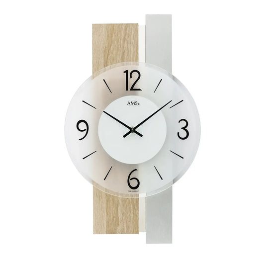 Reloj de pared de cuarzo AMS W9554, roble Sonoma • Cristal mineral facetado • Fabricado en Alemania