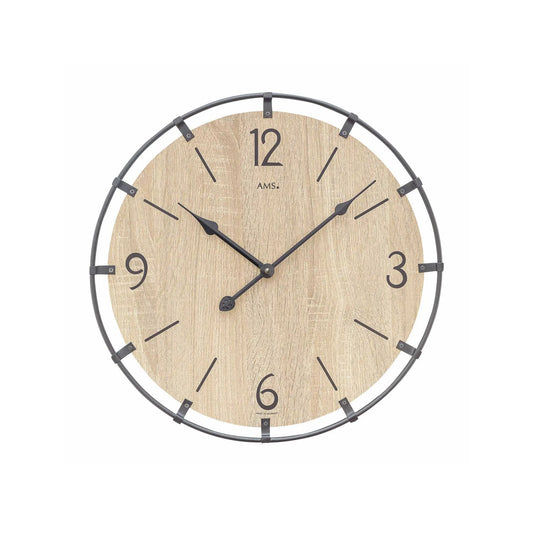 Wanduhr mit Holz-Zifferblatt (Sonoma), Metallring und schwarzen Zeigern, rund