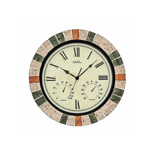 Outdoor-Wanduhr mit beigem Zifferblatt, römischen Ziffern, Mosaikrahmen, Thermo & Hygro