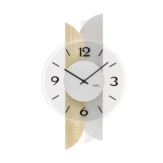 Reloj de pared AMS W9667 Sonoma • Carcasa de madera con revestimiento de aluminio • Cristal mineral facetado
