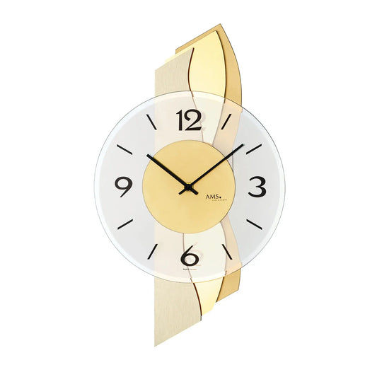 Reloj de pared AMS W9669 de latón • Caja de madera con revestimiento de latón • Cristal mineral facetado