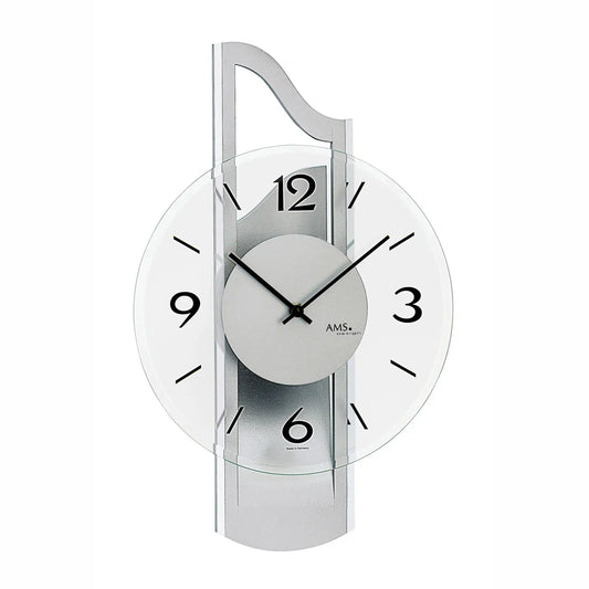 Wanduhr mit silbernem Holzgehäuse, Aluminiumauflage und facettiertem Mineralglas