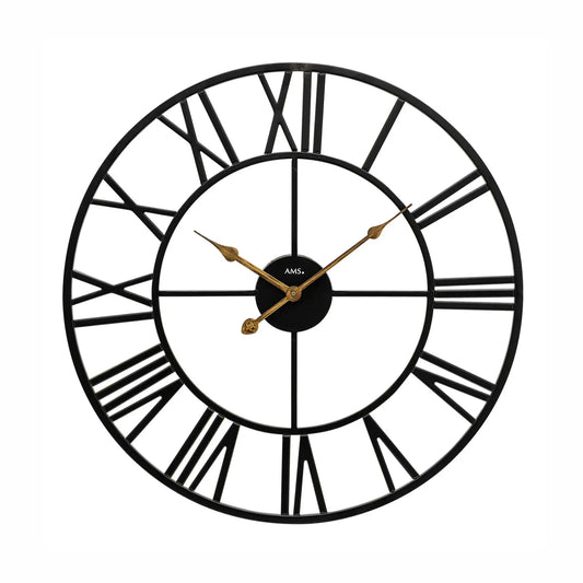 Metall-Wanduhr mit schwarzem Rahmen, weißem Zifferblatt und goldenen Zeigern