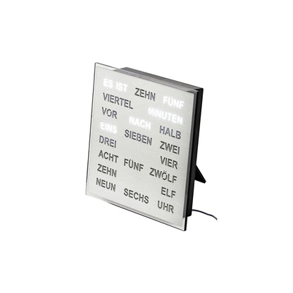 LED-Wortuhr mit schwenkbarem Standfuß, Kabelanschluss und beleuchtetem Wortfeld