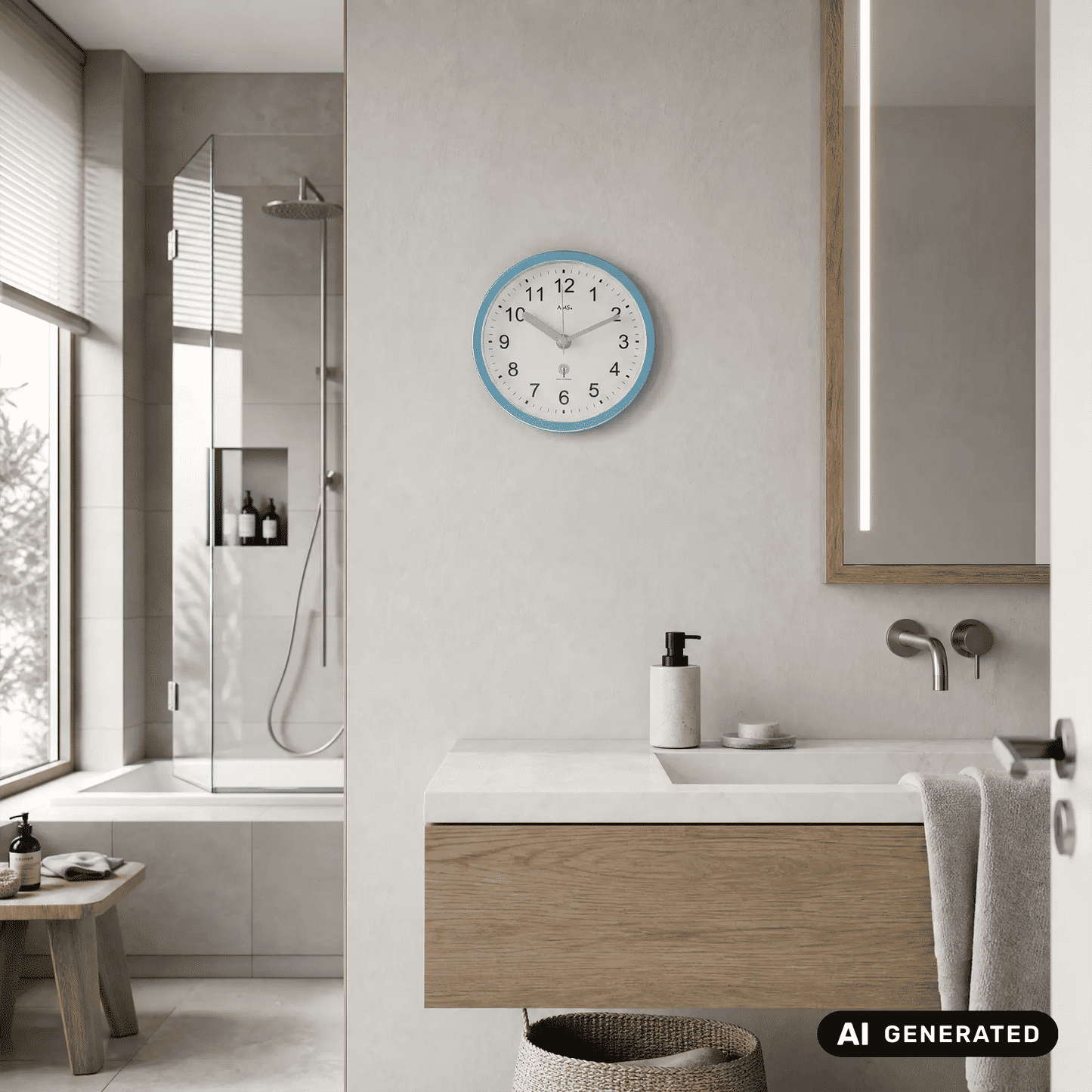 Badezimmer-Wanduhr mit türkisfarbener Einfassung, weißem Ziffernblatt und Uhrzeigern.