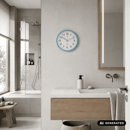 Badezimmer-Wanduhr mit türkisfarbener Einfassung, weißem Ziffernblatt und Uhrzeigern.
