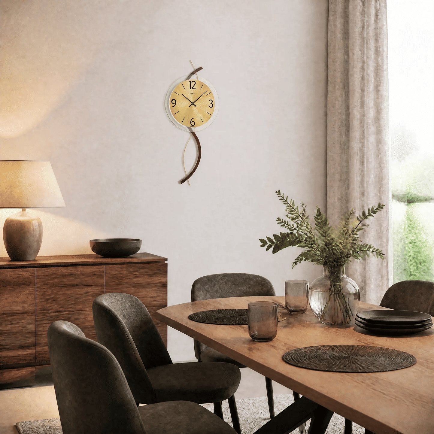 AMS W9719 Reloj de pared • Caja de madera con elemento decorativo de metal • Cristal mineral