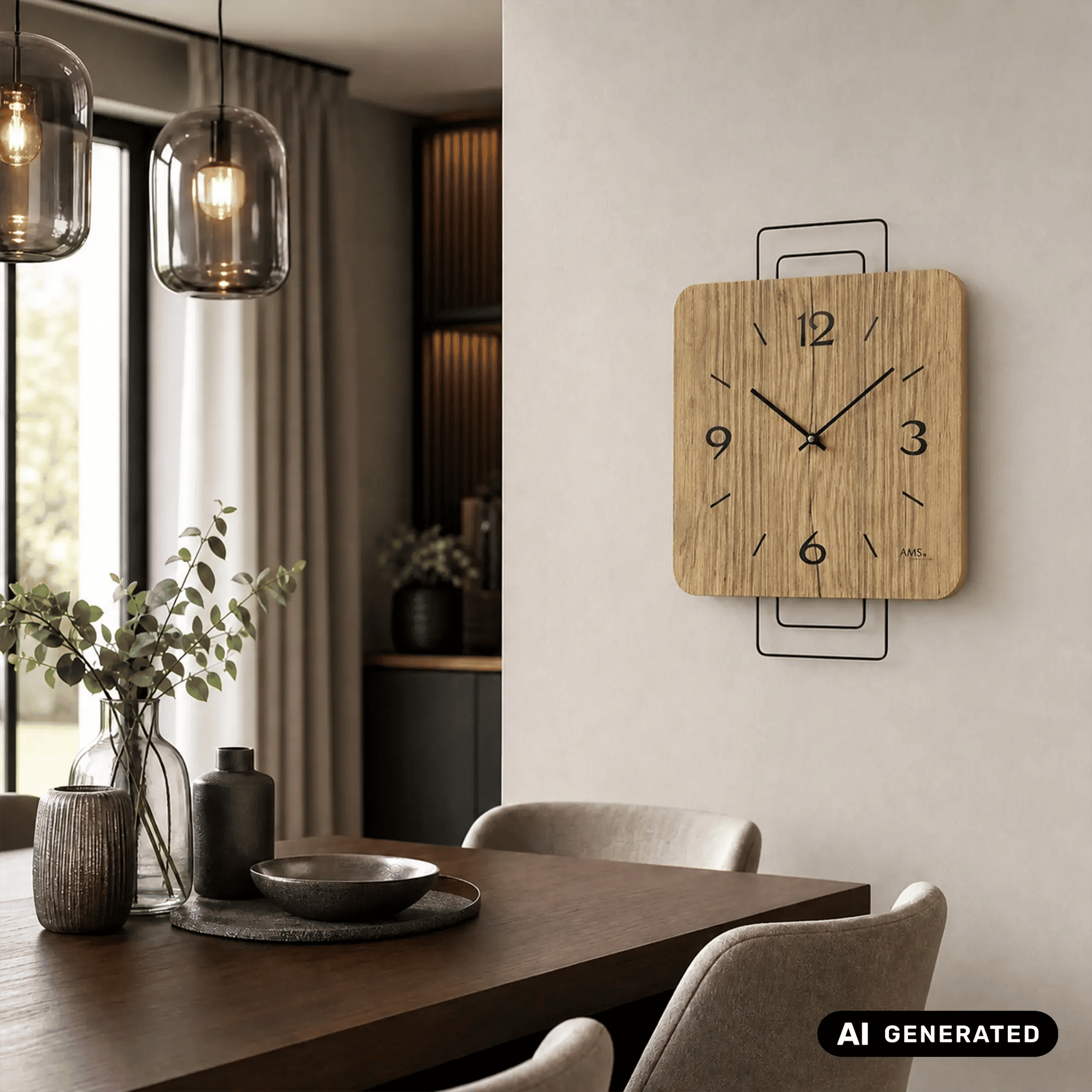 AMS Wanduhr aus Wildeiche mit Metallrahmen, quadratisches Holzgehäuse und Ziffern 3/6/9/12