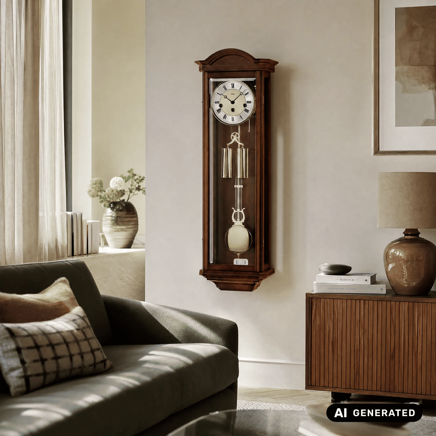 Antike Wanduhr an der Wand aus Kirschbaumholz mit Zifferblatt und Pendel