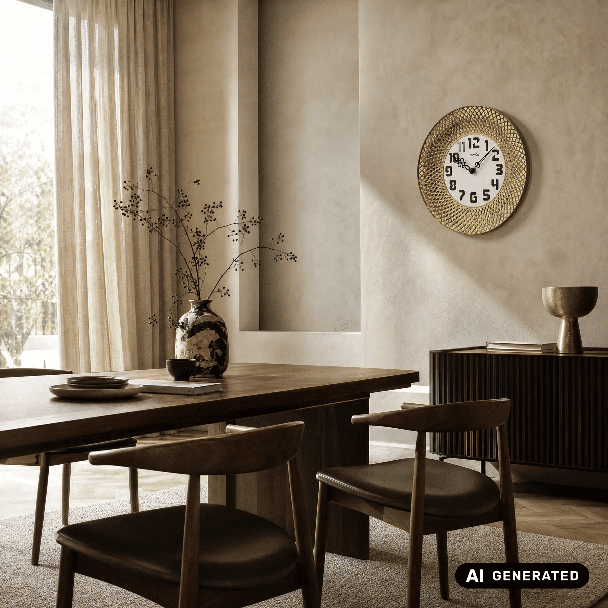 Goldene Wanduhr auf Wand, blau-schwarze arabische Ziffern und schwarzer Zeiger